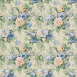 Printed linen fabric with bouquets of roses in a blue and green colourway. 