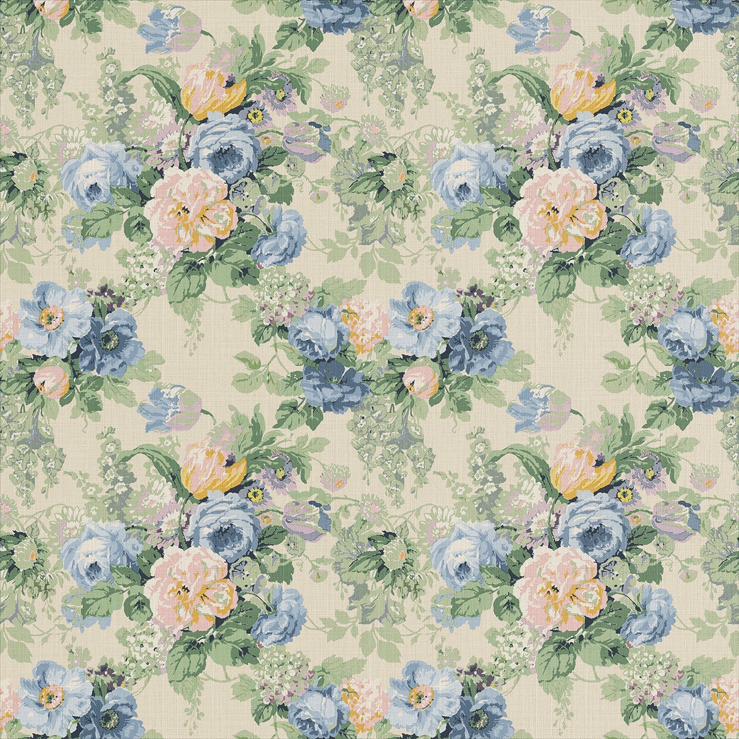 Printed linen fabric with bouquets of roses in a blue and green colourway. 