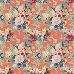 Printed linen fabric with bouquets of roses on an orange backdrop.