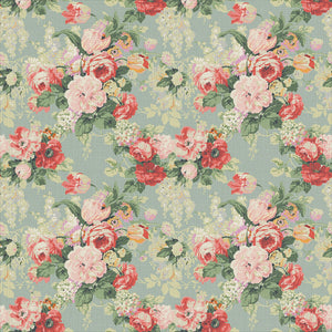 Printed linen fabric with bouquets of pink and red roses.