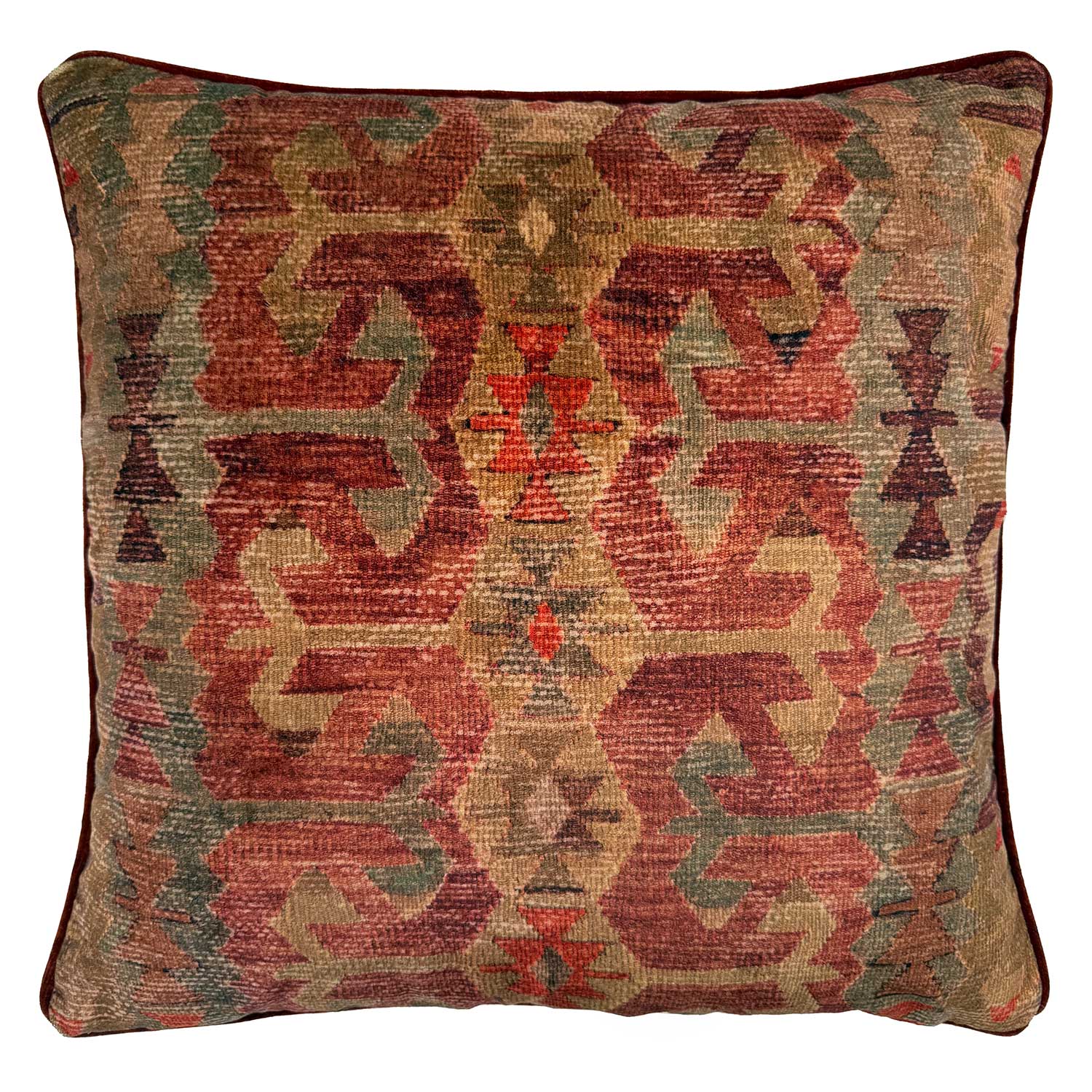 Linwood cushion in Samimi, Earth. Overhead view showing the full front design, a softly textured velvet that evokes the look of a time-worn kilim.