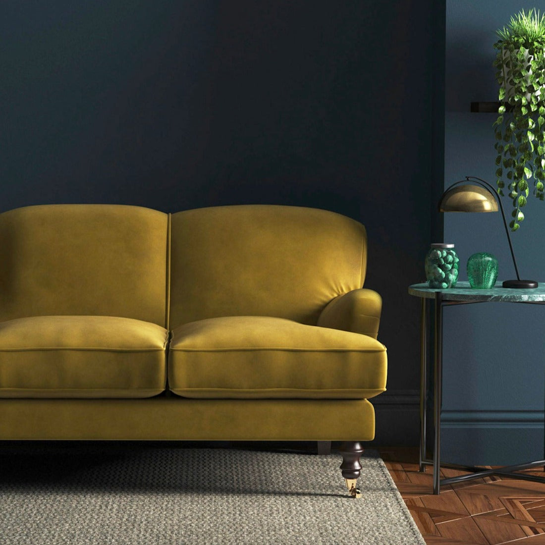 Sofa covered in a yellow velvet upholstery fabric