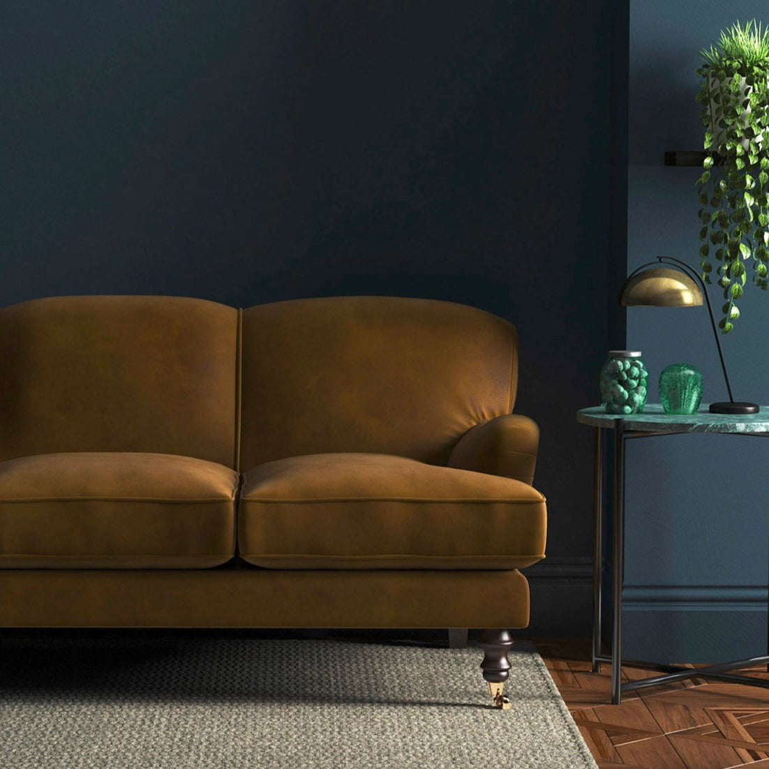 Sofa covered in a brown velvet upholstery fabric