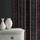 Velvet curtain in a dark blue striped velvet fabric