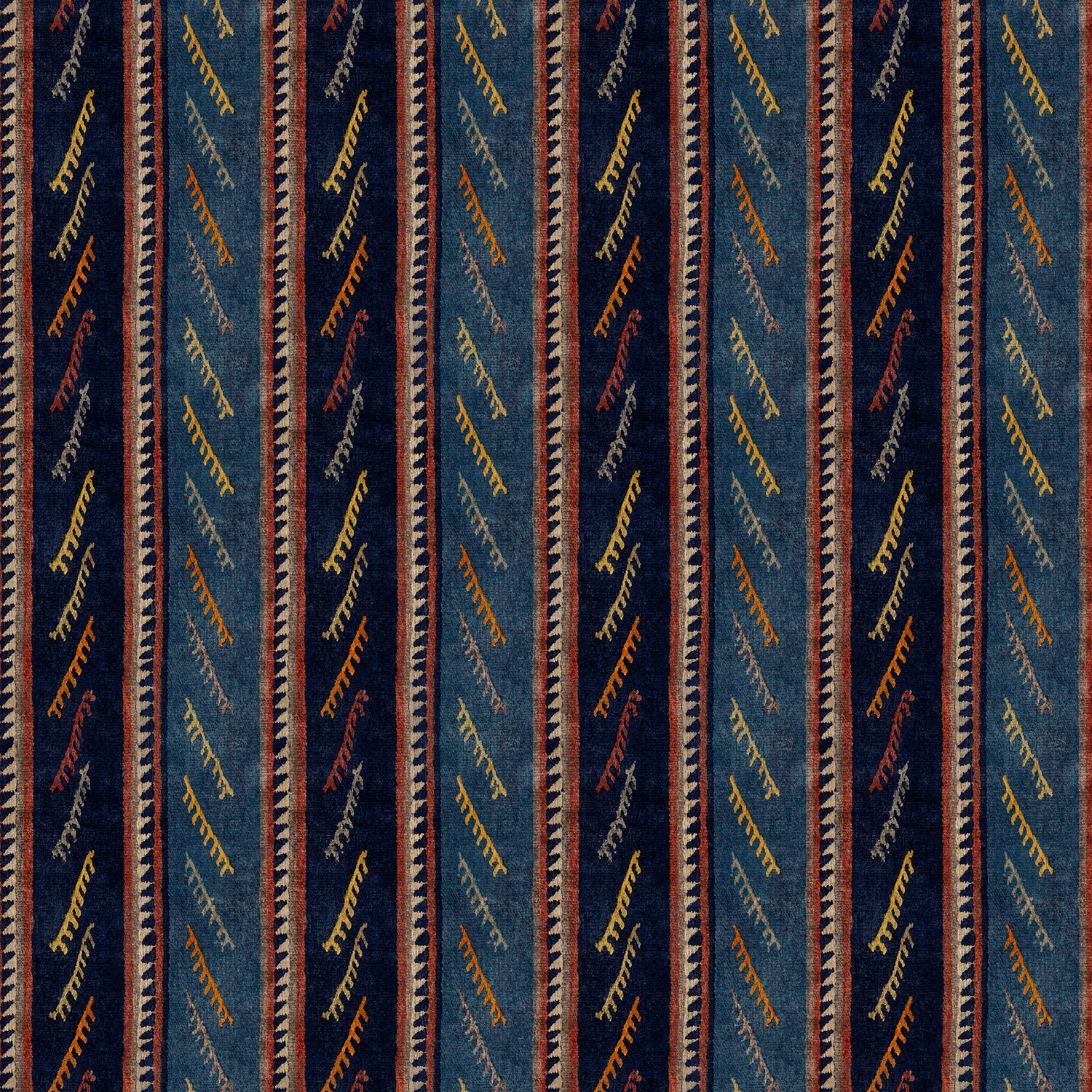Striped velvet fabric in dark blue colours with a stain resistant finish