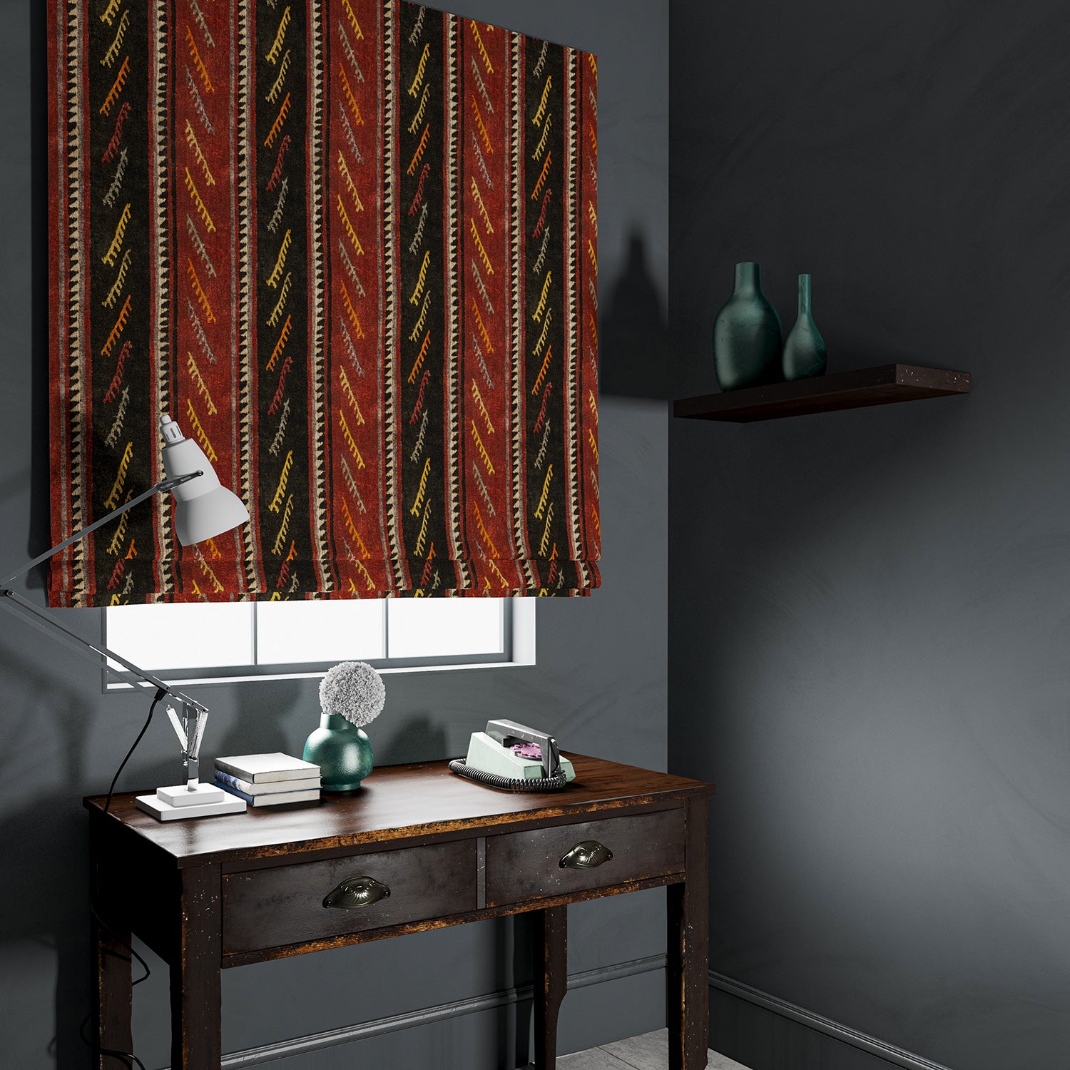 Velvet blind in a dark red and brown striped velvet fabric