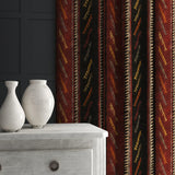 Velvet curtain in a dark red and brown striped velvet fabric