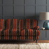 Velvet sofa in a striped velvet fabric in dark red and brown colours with a stain resistant finish