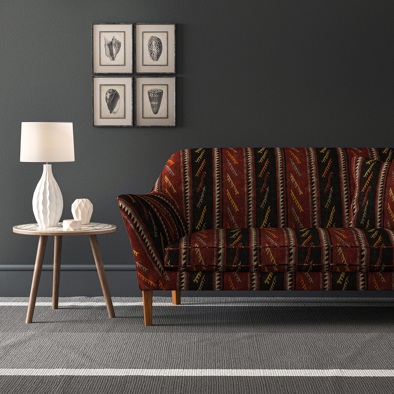 Velvet sofa in a striped velvet fabric in dark red and brown colours with a stain resistant finish