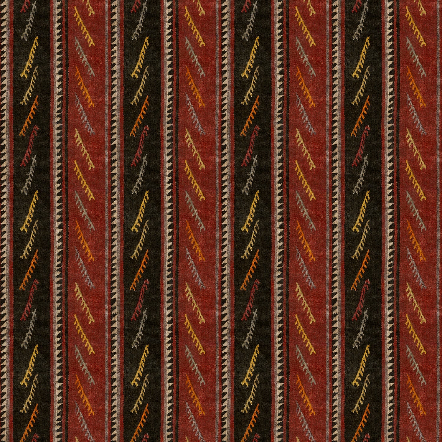 Striped velvet fabric in dark red and brown colours with a stain resistant finish
