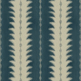 A printed linen fabric sample in blue and off white featuring a striped fern design.