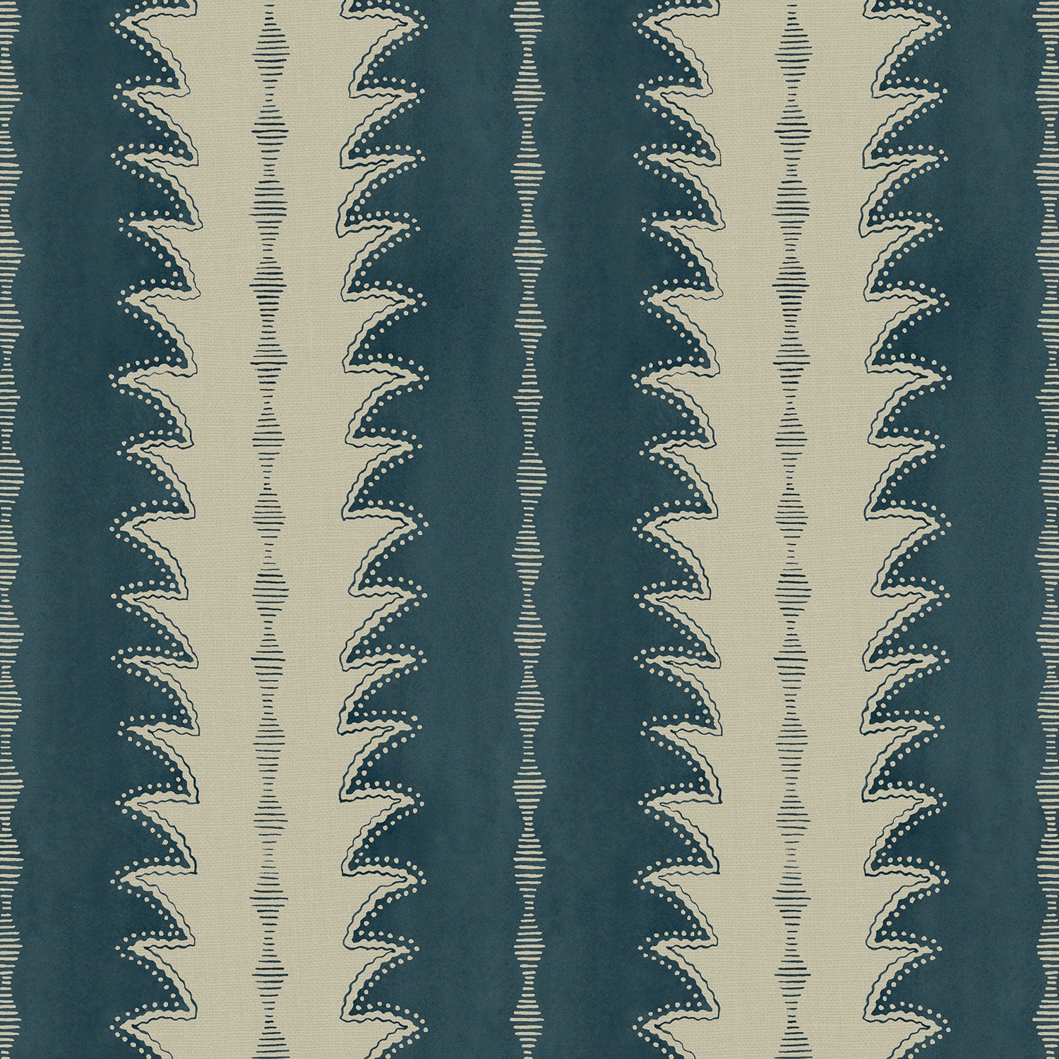 A printed linen fabric sample in blue and off white featuring a striped fern design.