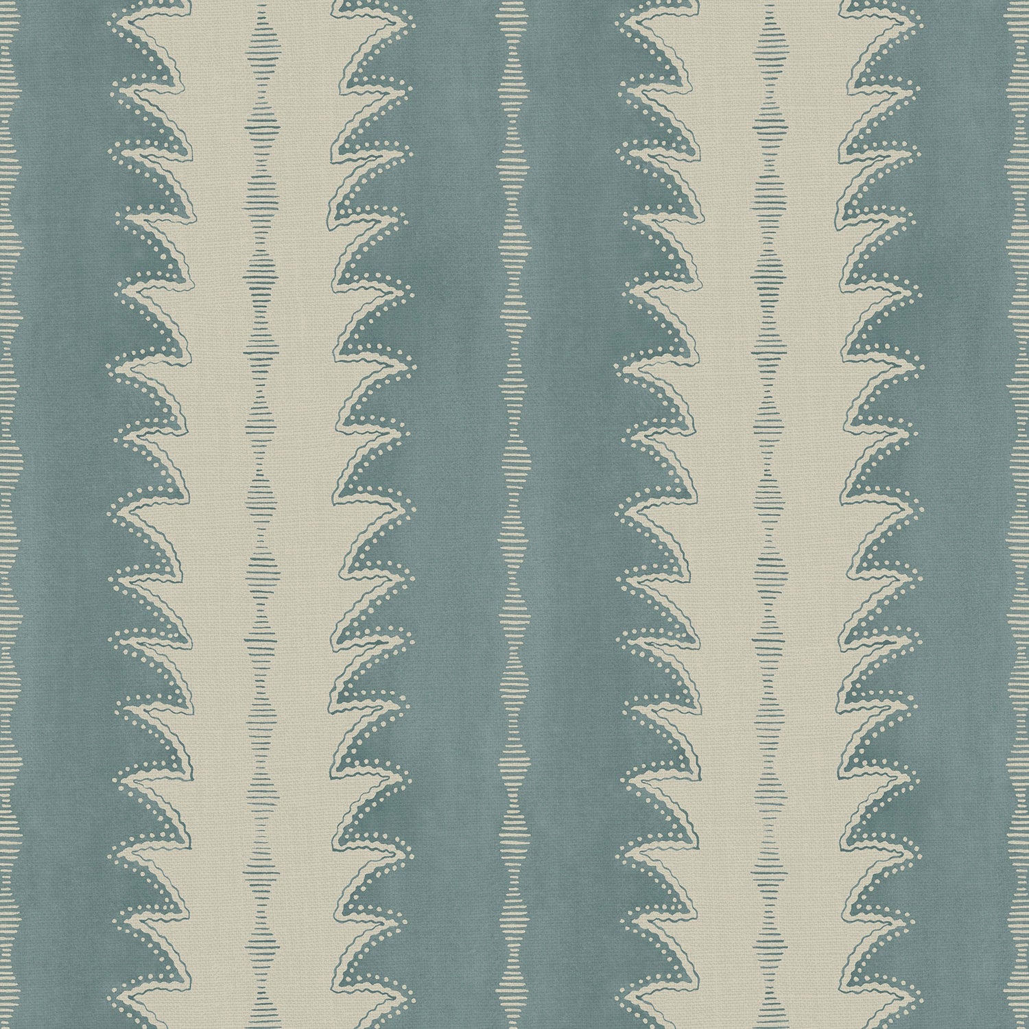 A printed linen fabric sample in blue and off white featuring a striped fern design.