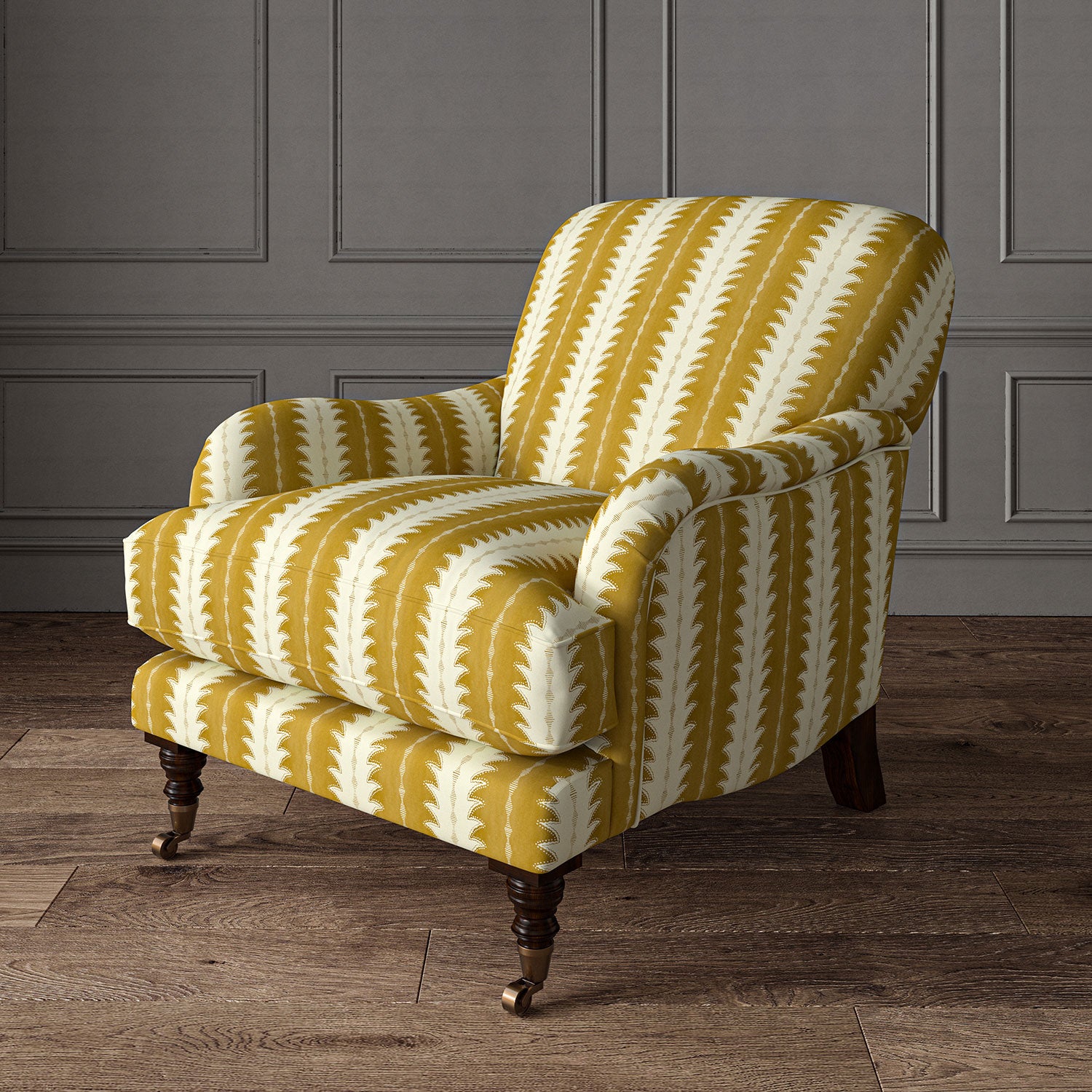 Armchair upholstered in a printed linen fabric in yellow and off white, featuring a striped fern design.