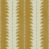 A printed linen fabric sample in yellow and off white featuring a striped fern design.
