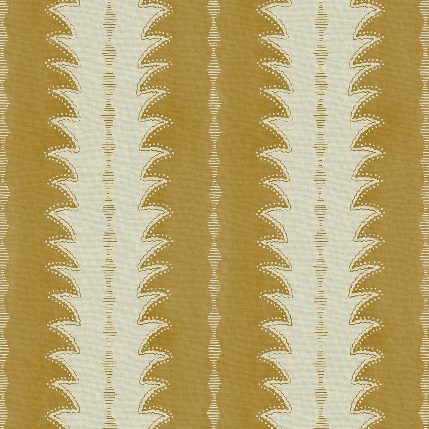 A printed linen fabric sample in yellow and off white featuring a striped fern design.