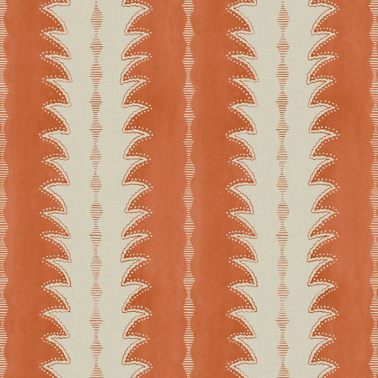 A printed linen fabric sample in orange and off white featuring a striped fern design.
