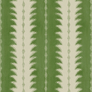 A printed linen fabric sample in green and off white featuring a striped fern design.