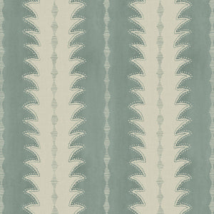 A printed linen fabric sample in blue and off white featuring a striped fern design.