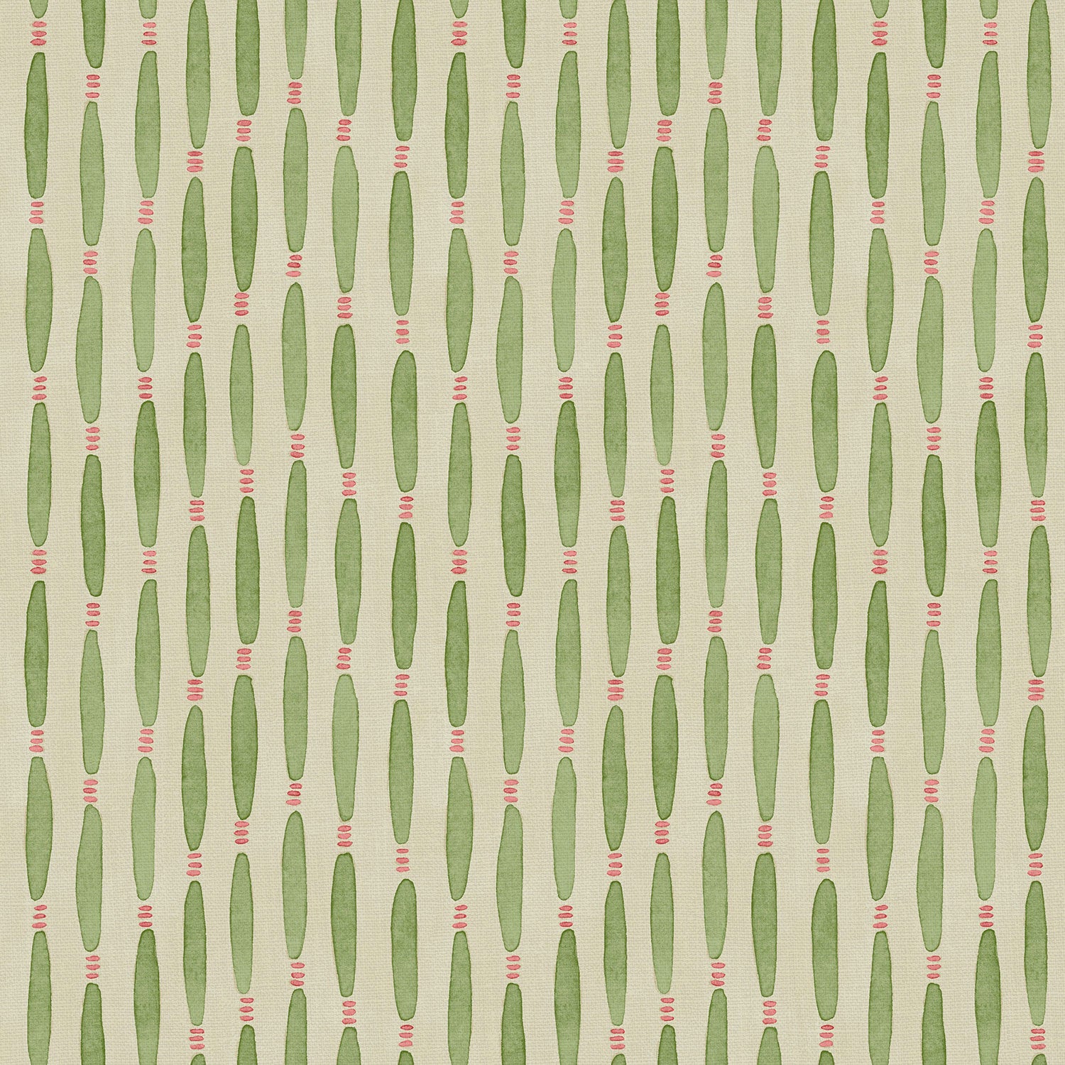 A printed linen fabric sample in green, pink, and off white featuring a Japanese print.
