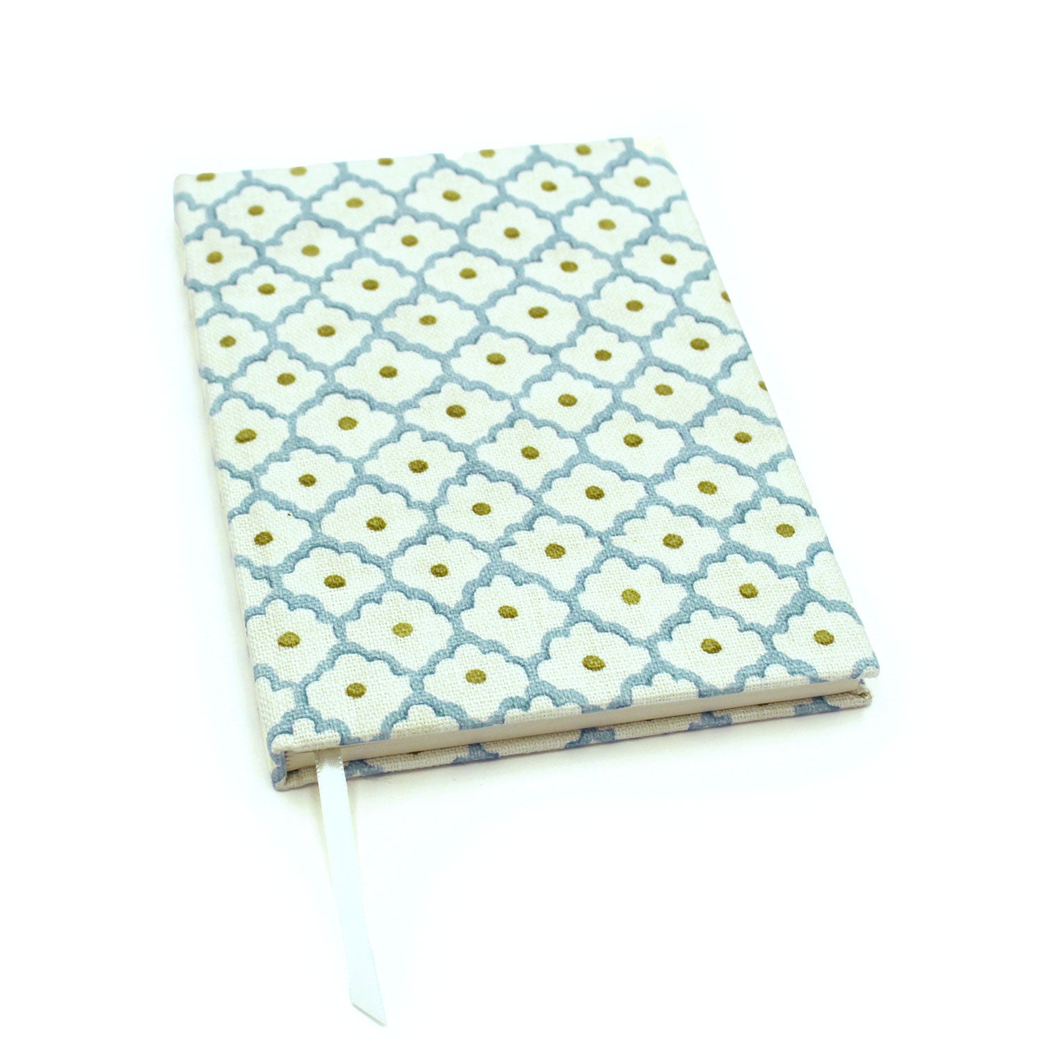 A blue, yellow, cream linen notebook with a classic trellis pattern.