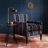 Velvet chair in a striped velvet fabric in dark blue colours with a stain resistant finish