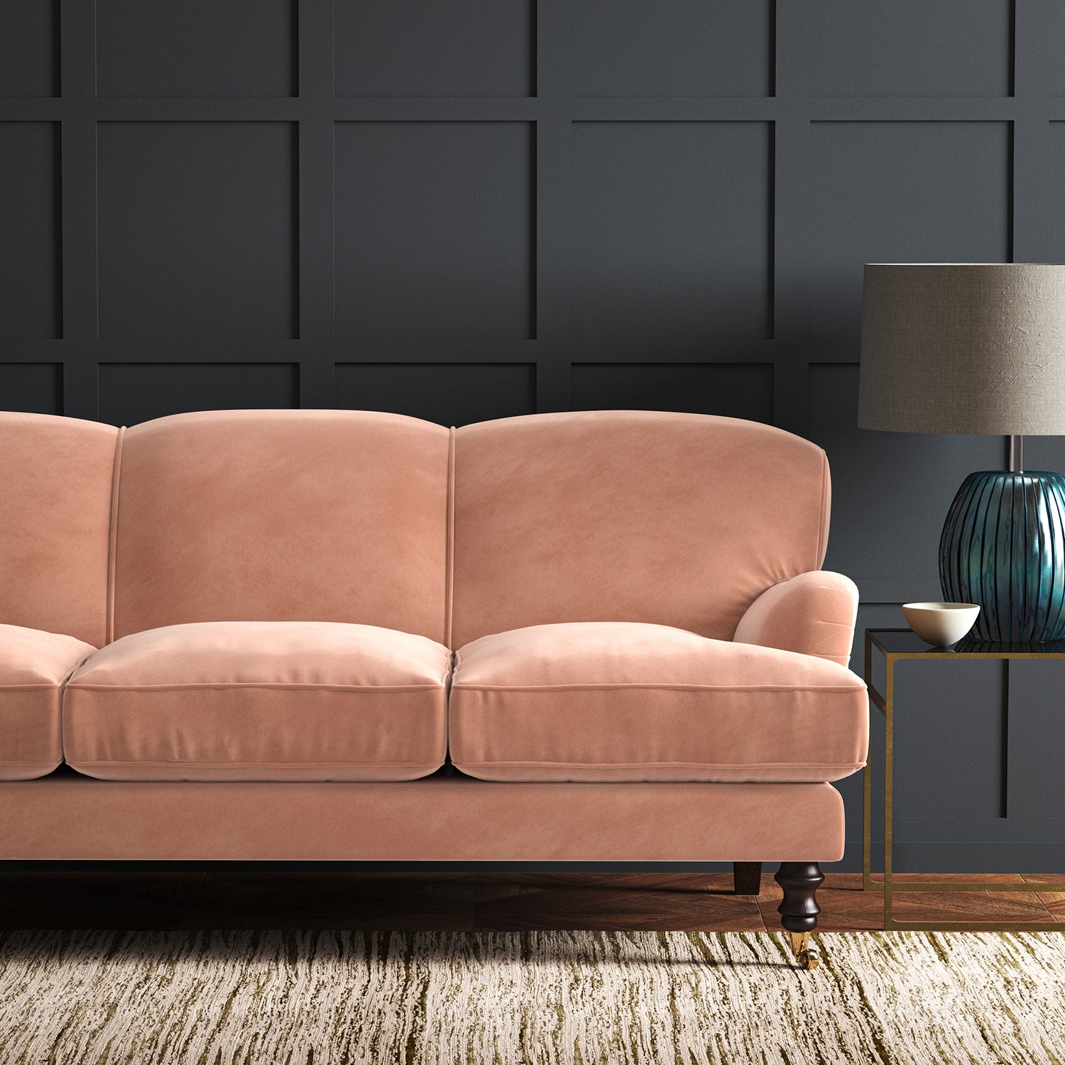 Pink eco velvet upholstery fabric on a sofa