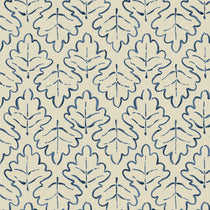 Printed linen fabric sample – a hand drawn; mirrored leaf motif pattern in blue and cream