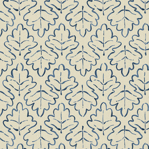 Printed linen fabric sample – a hand drawn; mirrored leaf motif pattern in blue and cream