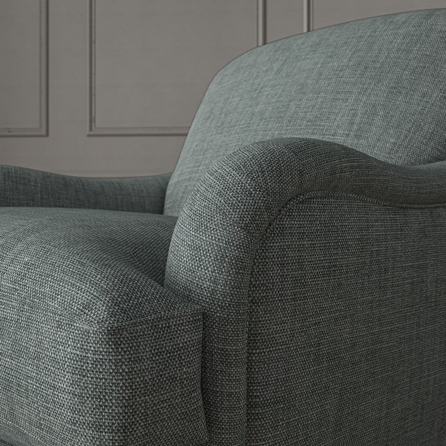 Blue chair upholstered in a chenille woven fabric.