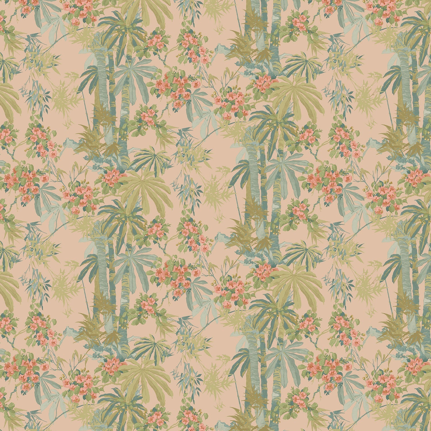 Sample of a tropical wallpaper with exotic, floral blossoms intertwined with bamboo.