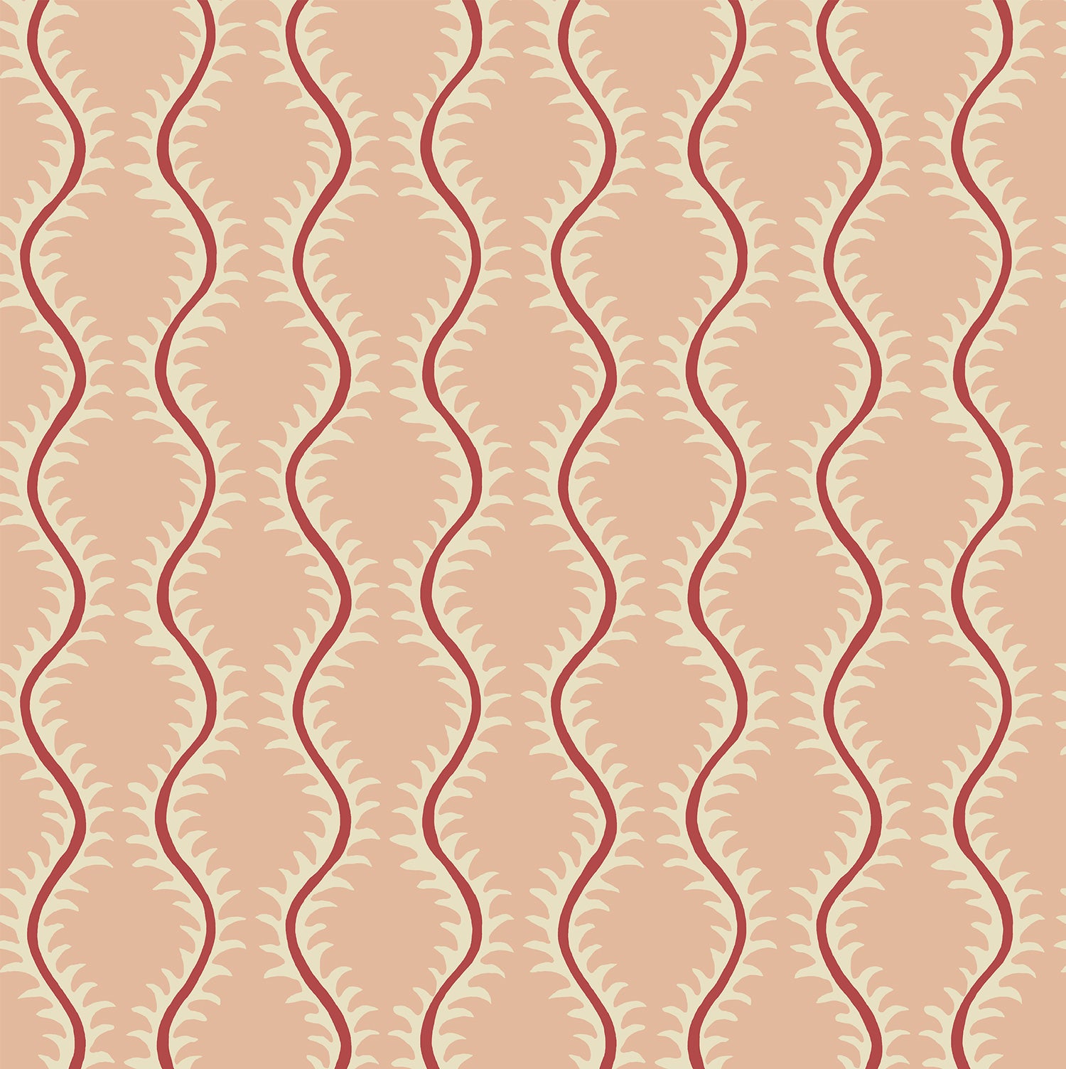 Luxurious wallpaper featuring stylised ferns and wavy lines in pink and red.