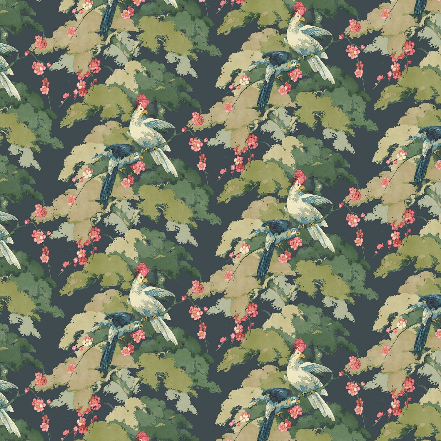 Sample of a tropical wallpaper featuring parakeets and pretty blossom. 