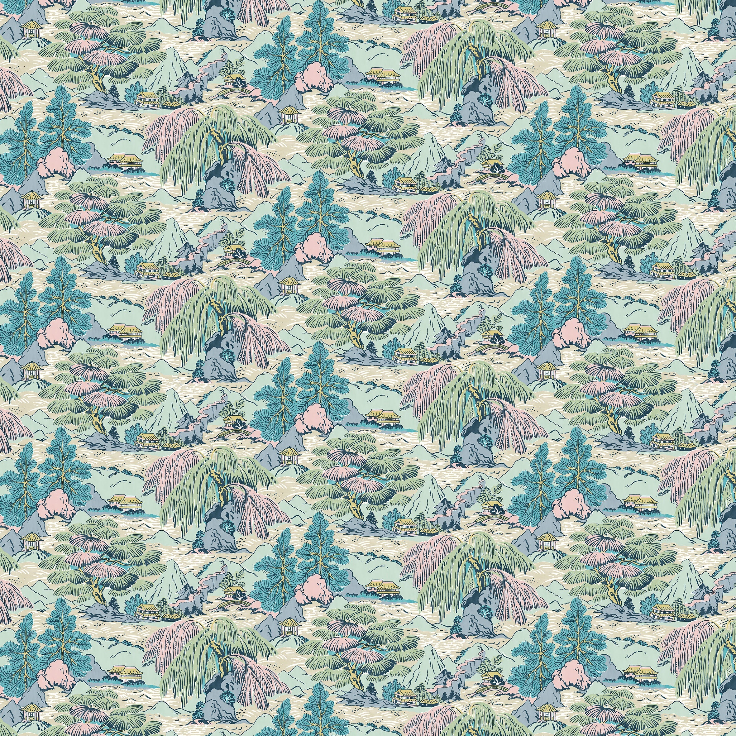 Sample of a pastel wallpaper featuring a landscape of mountains, willows and Oriental-style buildings.