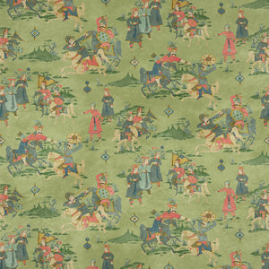 Sample of a printed velvet fabric showcasing lively horses and bedecked warriors in green