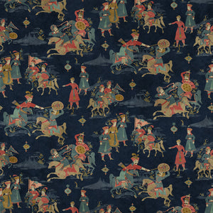 Sample of a printed velvet fabric showcasing lively horses and bedecked warriors in blue