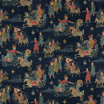 Sample of a printed velvet fabric showcasing lively horses and bedecked warriors in blue